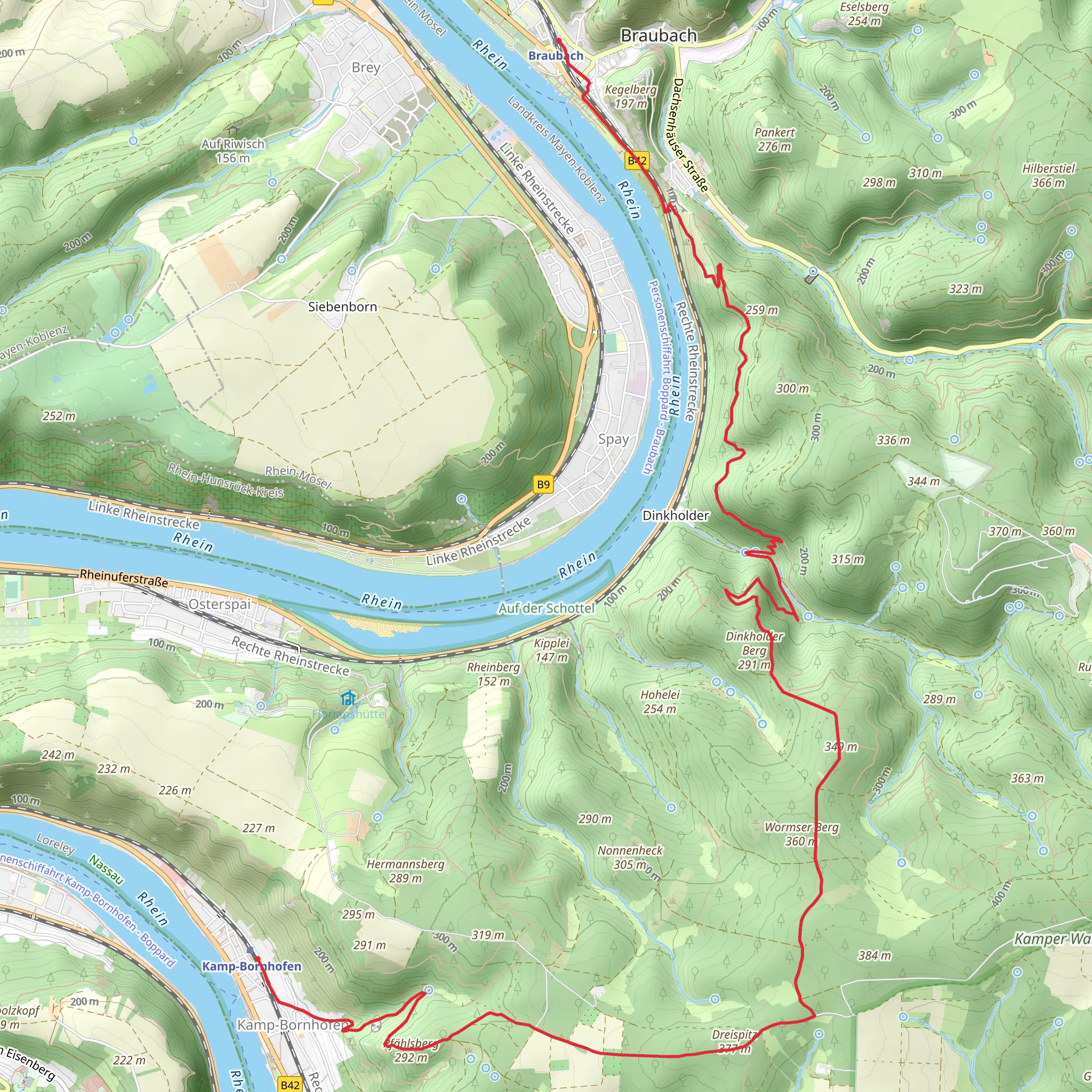 Kamp Bornhofen to Braubach via Pfählsberg and Rhine mobile static map