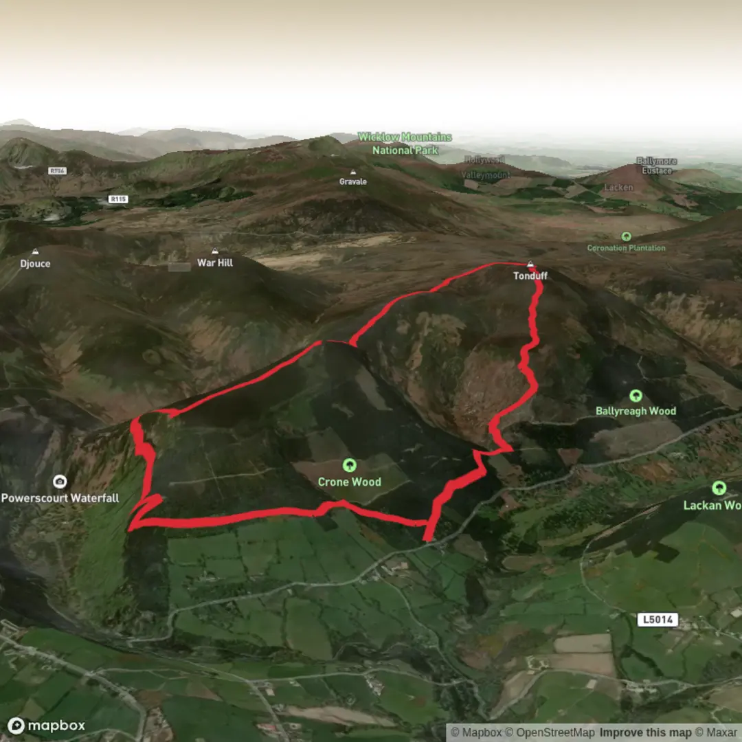 An image depicting the trail Hike from County Wicklow via Tonduff, Corrig and Maulin and its surrounding area.
