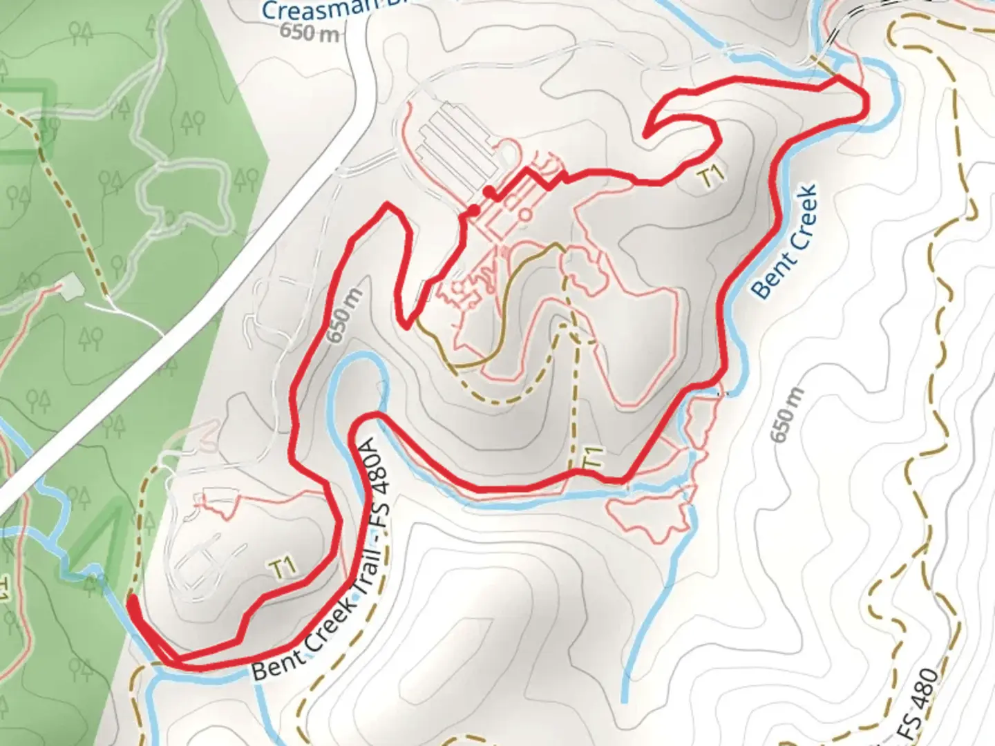 An image depicting the trail Loop via Bent Creek and its surrounding area.