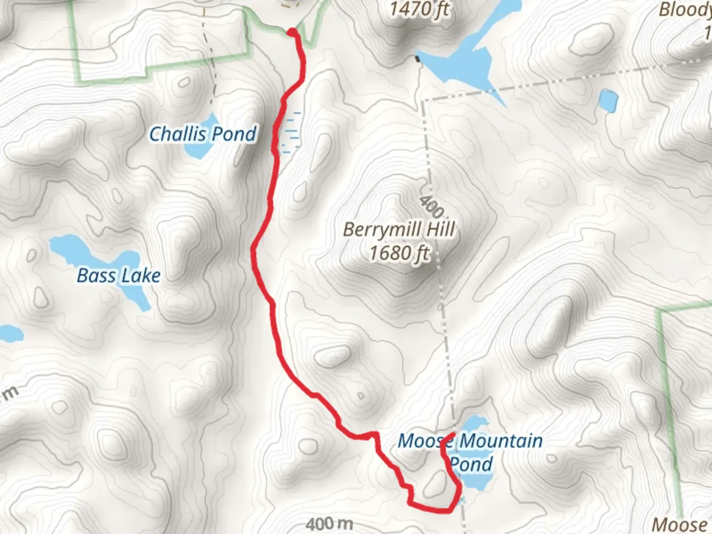 An image depicting the trail Moose Mountain Pond and Berrymill Pond and its surrounding area.