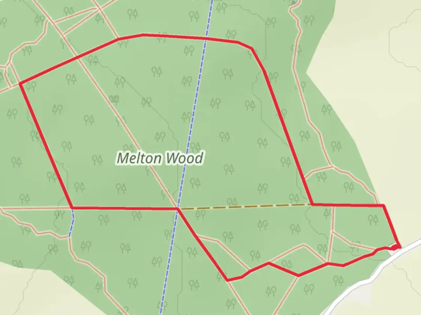 An image depicting the trail Melton Wood Loop and its surrounding area.