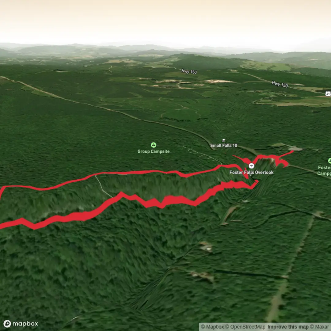 An image depicting the trail Foster Falls via Fiery Gizzard Trail and Climbers Loop Trail and its surrounding area.