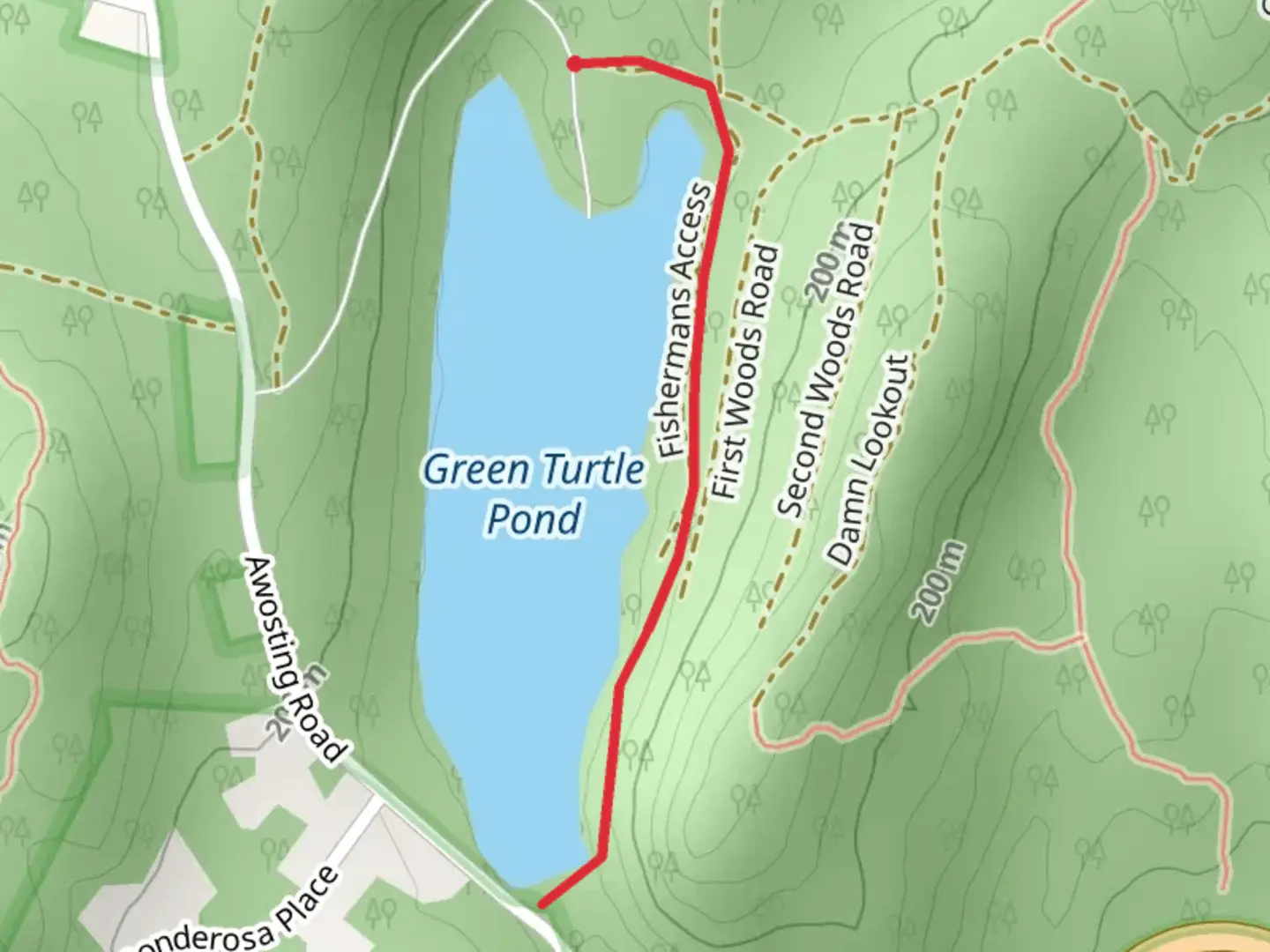 An image depicting the trail Green Turtle Pond East Shore Walk and its surrounding area.