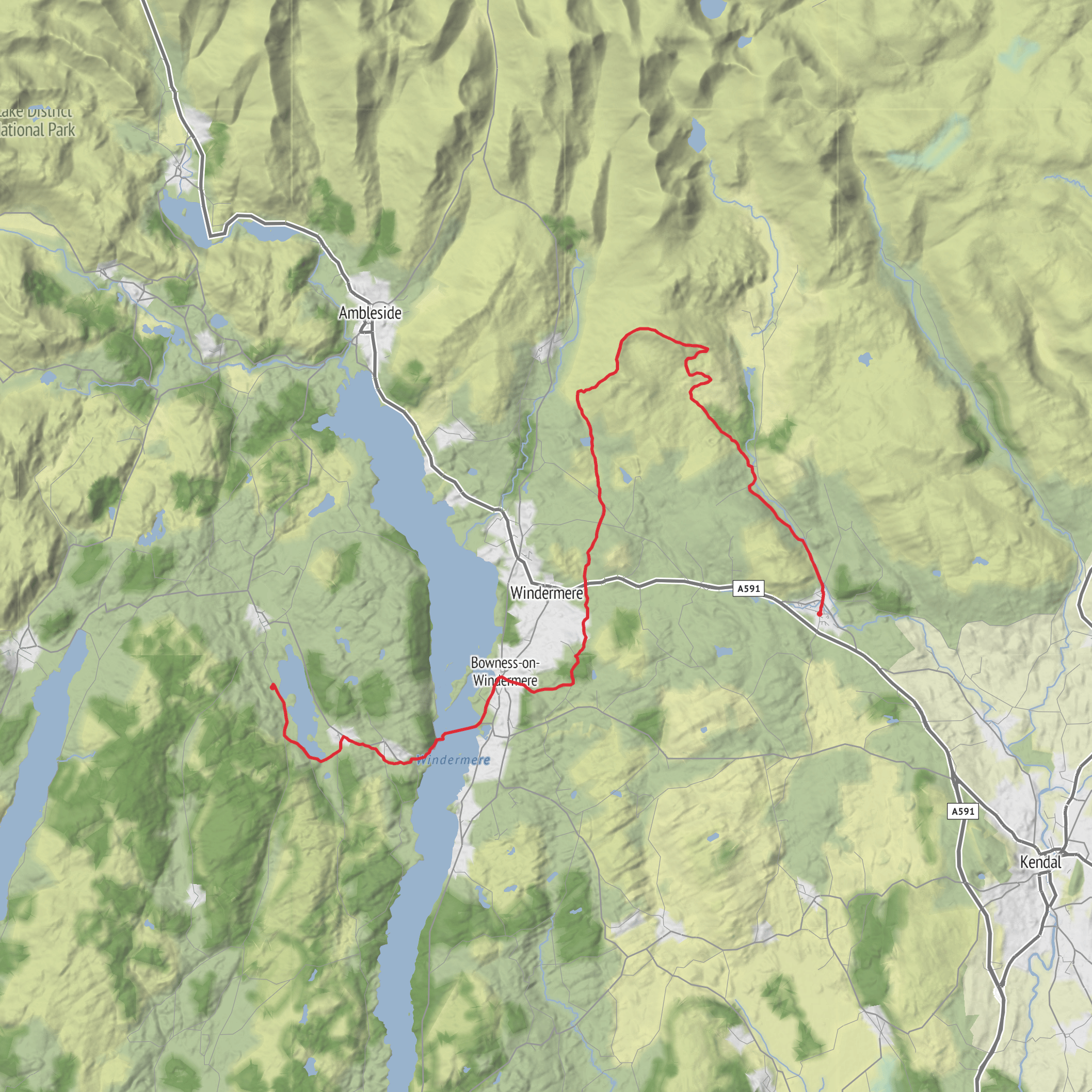 YHA Hawkshead to Staveley via Esthwaite Water, Windermere and Dubbs Reservoir mobile static map