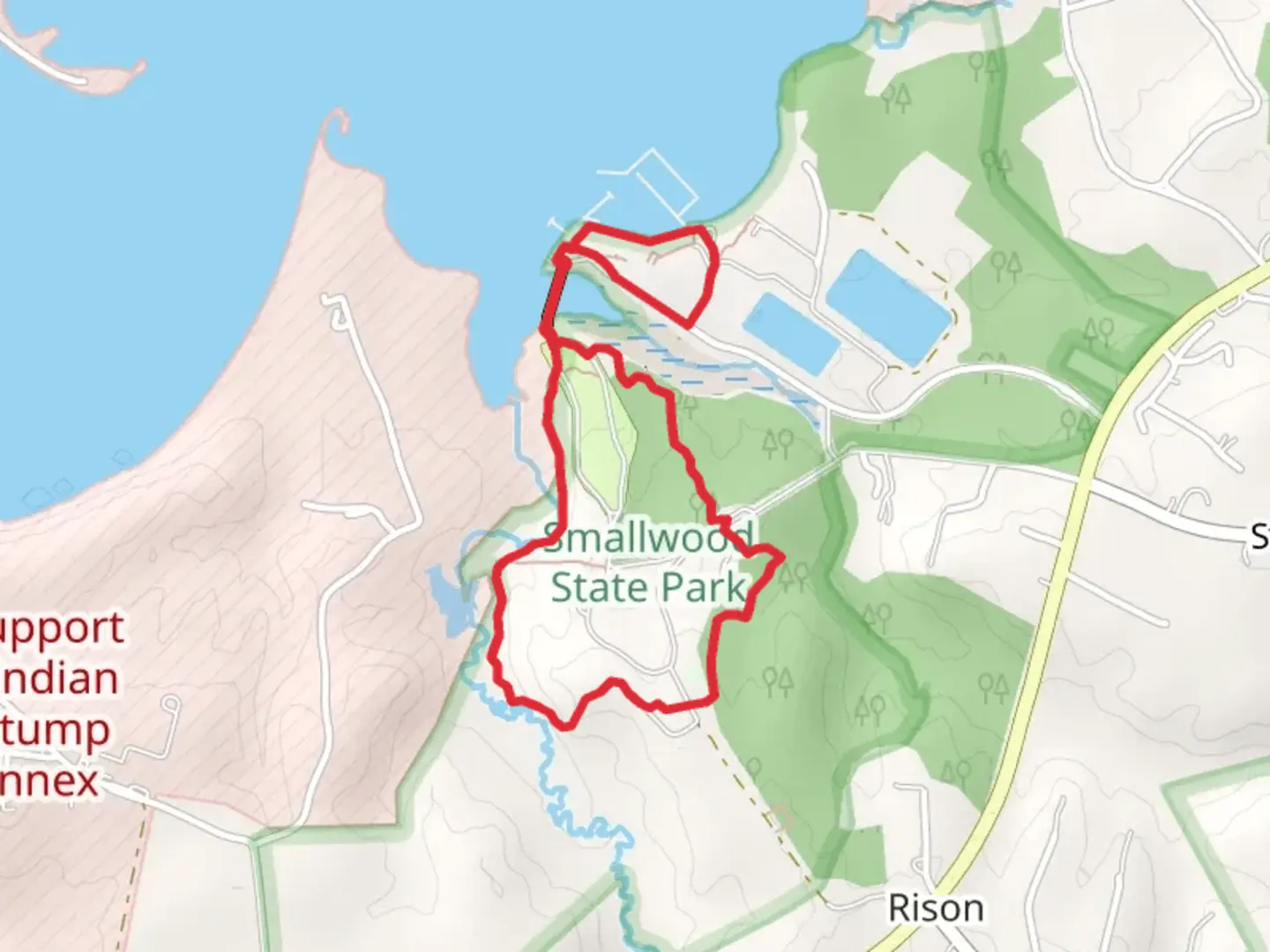 An image depicting the trail Smallwood State Park Family Campground Loop and its surrounding area.