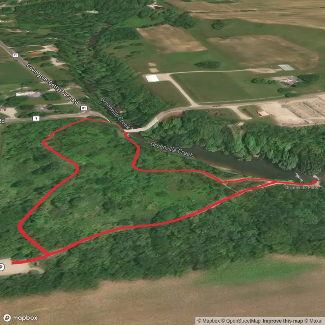 An image depicting the trail Greenville Falls and its surrounding area.