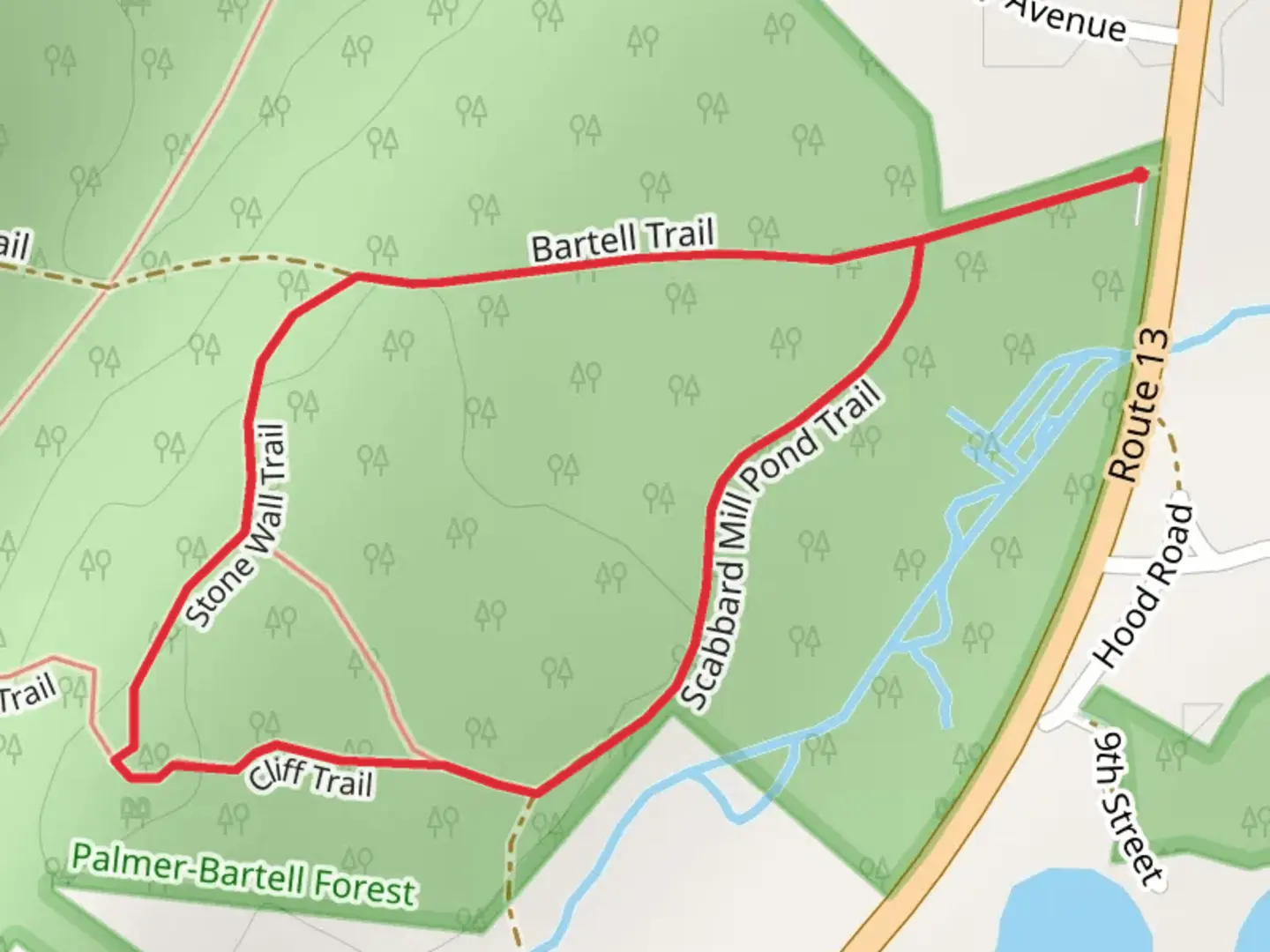 An image depicting the trail Bartell and Scabbard Mill Pond Loop Trail Loop and its surrounding area.