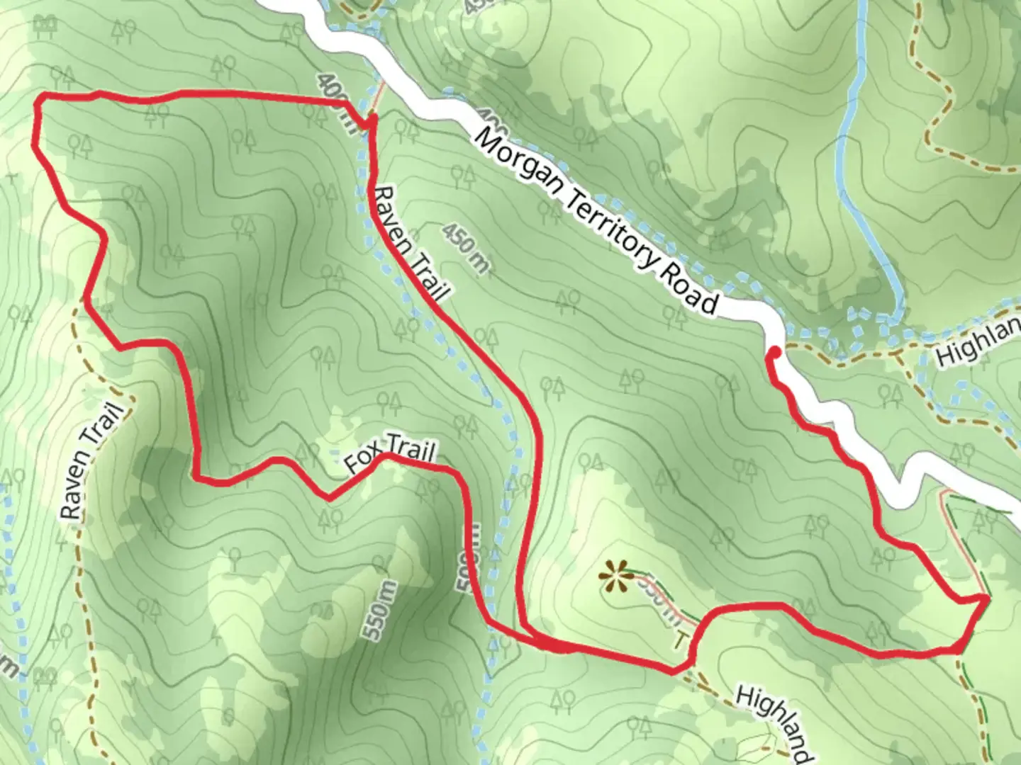 An image depicting the trail Highland Ridge, Fox and Raven Loop Trail and its surrounding area.