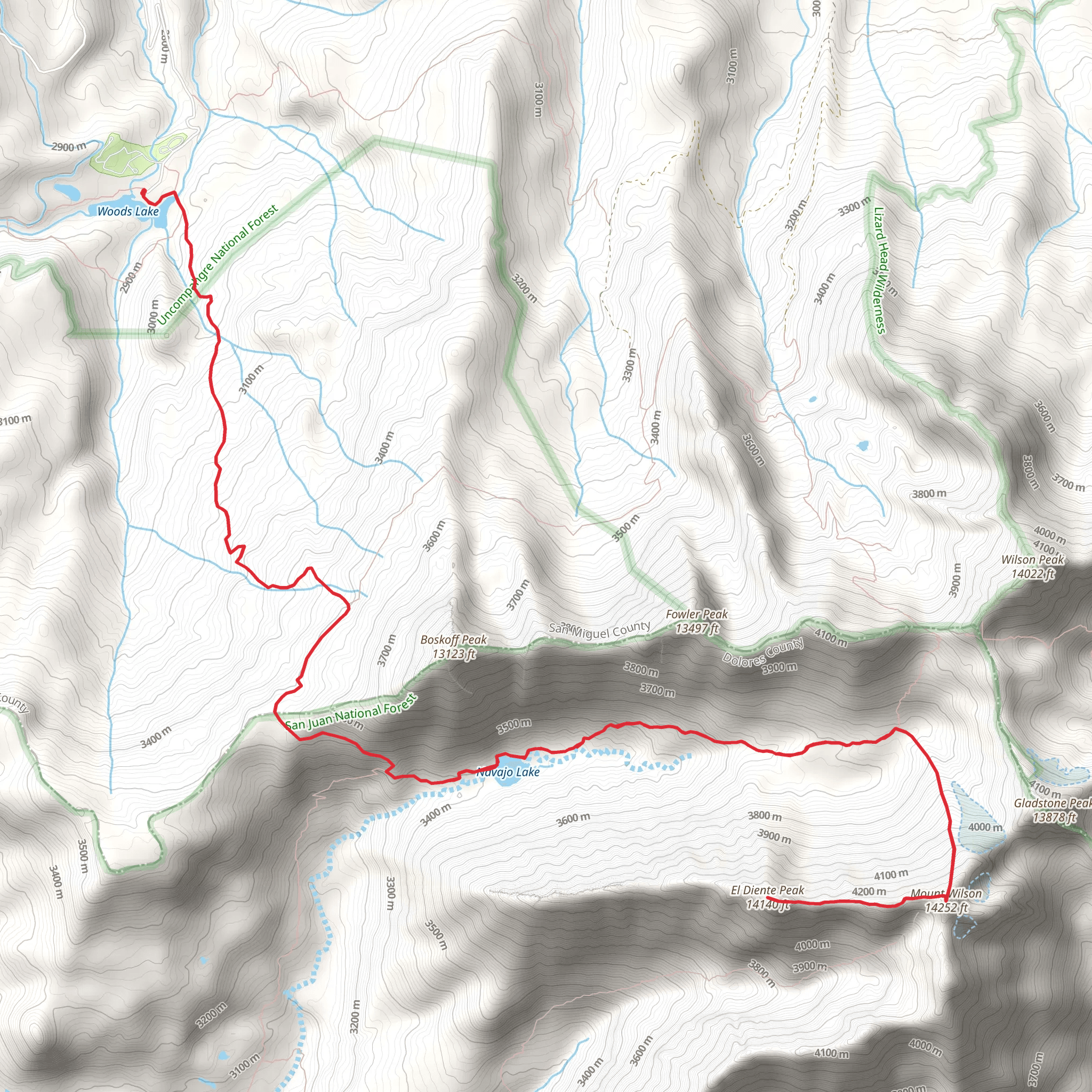 Mount Wilson and El Diente Peak via Woods Lake mobile static map