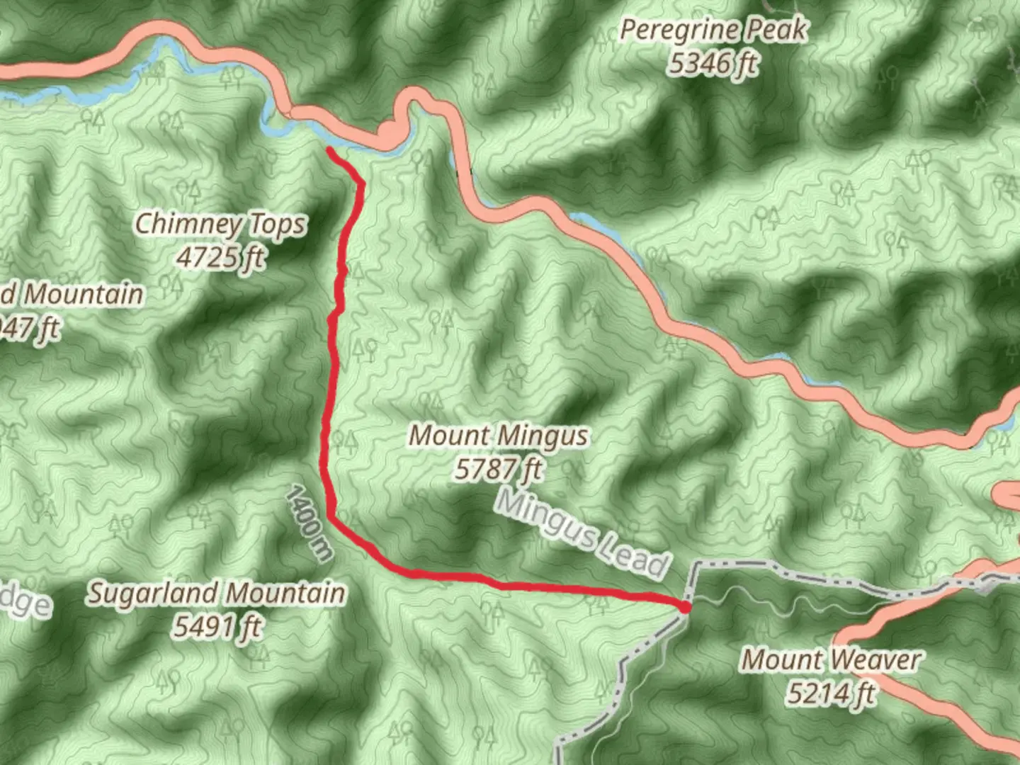 An image depicting the trail Road Prong and Chimney Tops Trail and its surrounding area.