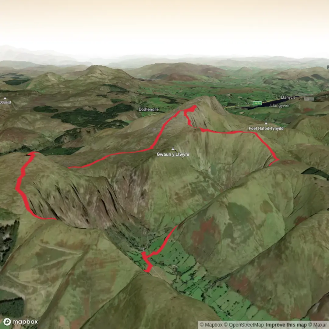 An image depicting the trail Aran Fawddwy and Glasgwm Circular and its surrounding area.