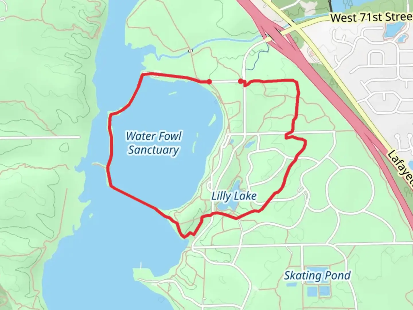 An image depicting the trail Water Fowl Sanctuary and Eagle Creek Park Loop and its surrounding area.
