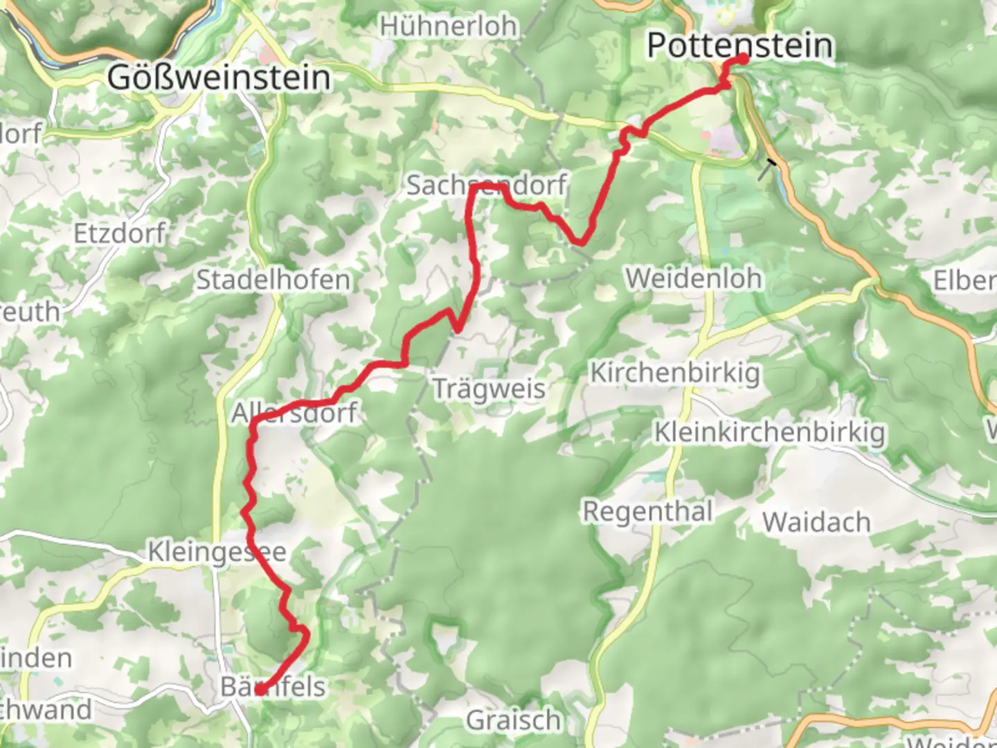 An image depicting the trail Pottenstein-Baernfels and its surrounding area.