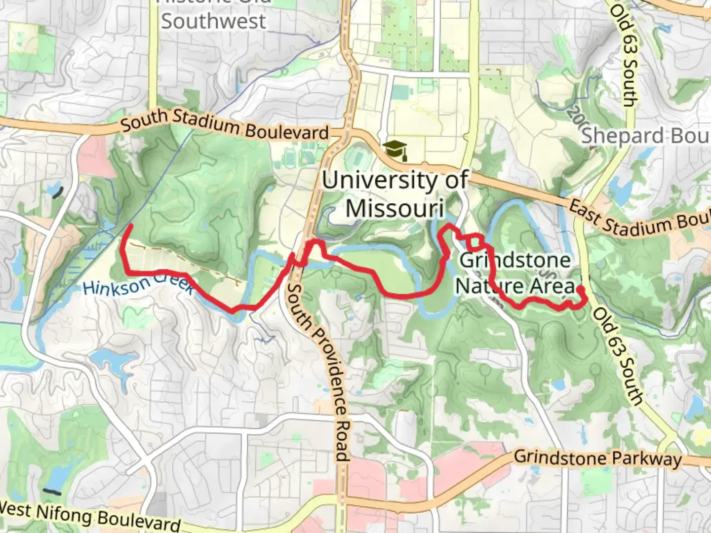 An image depicting the trail Hinkson Creek Trail Out and Back and its surrounding area.
