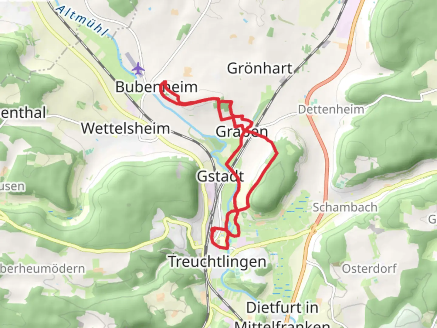 An image depicting the trail Kästleinsmühlensee and Bubenheimer Berg via Streuobst-Erlebnis Weg and its surrounding area.