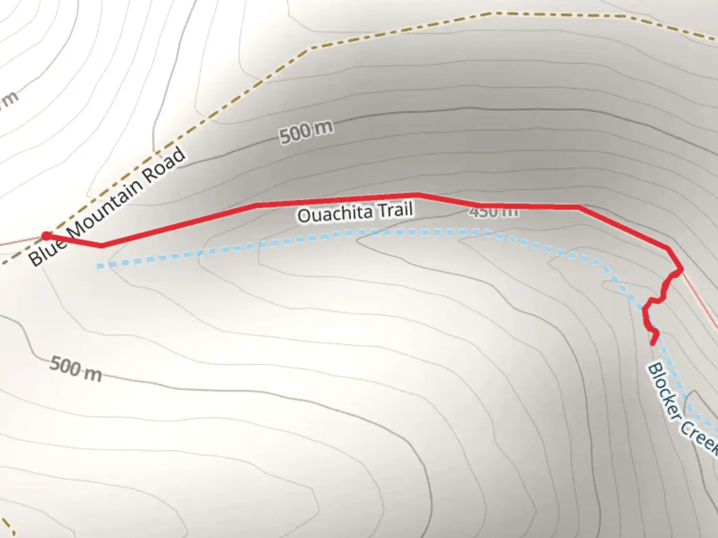 An image depicting the trail Ouachita Trail from Blue Mountain Road and its surrounding area.