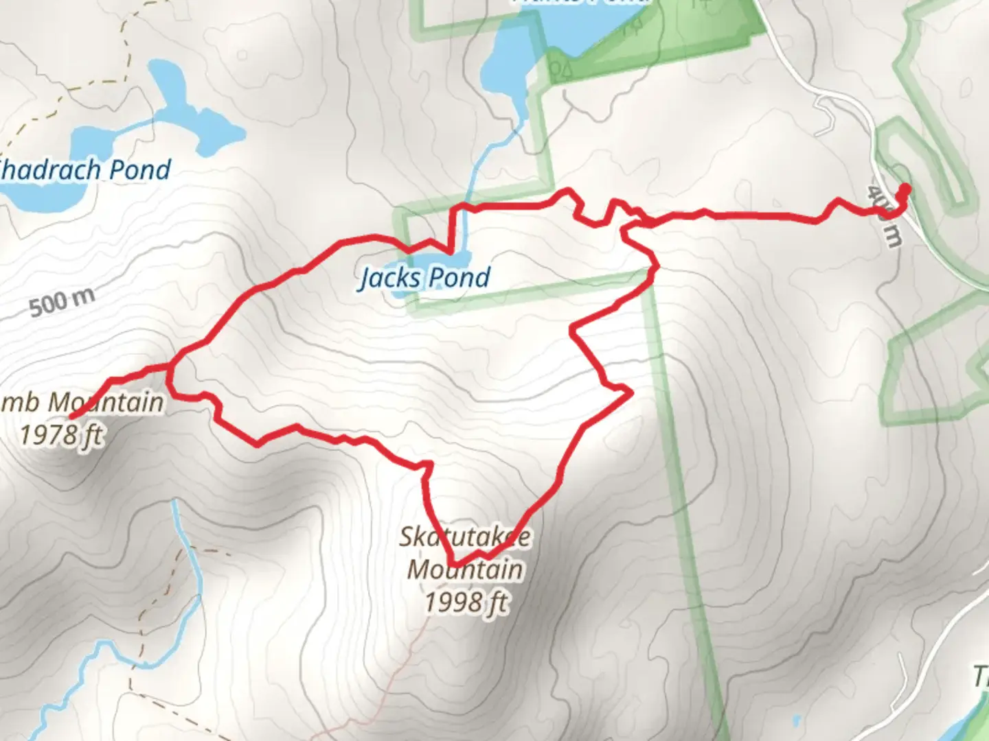 An image depicting the trail Thumb and Skatutakee Mountain Loop and its surrounding area.