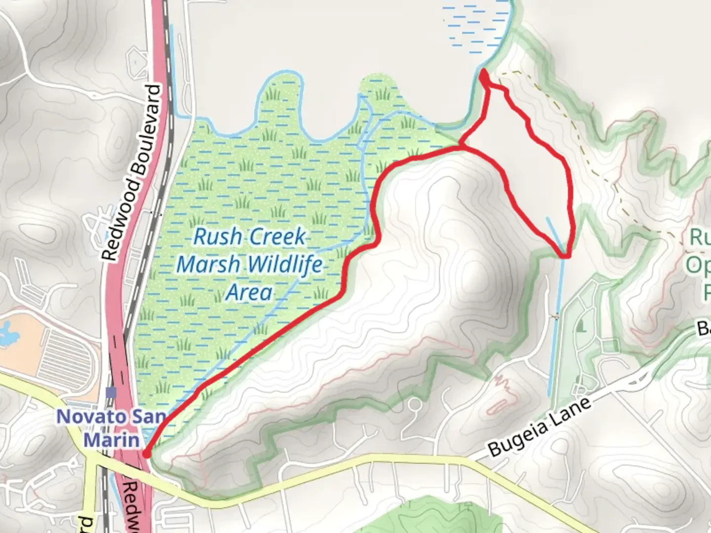 An image depicting the trail Rush Creek Loop via Pinheiro Fire Road and its surrounding area.