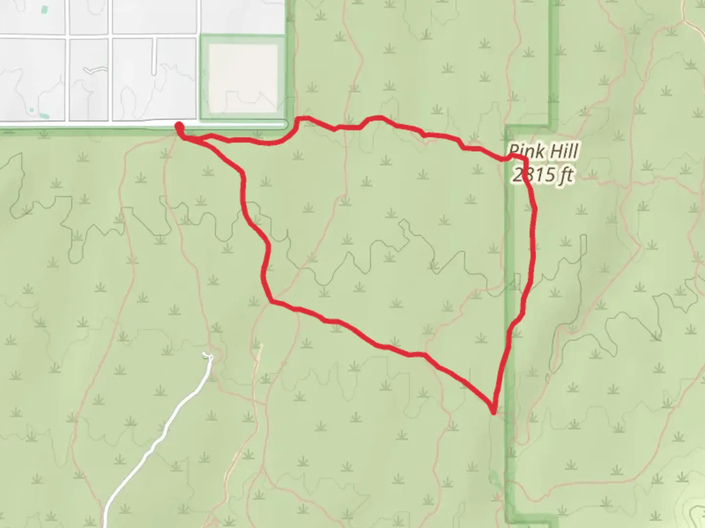 An image depicting the trail Pink Hill Loop and its surrounding area.