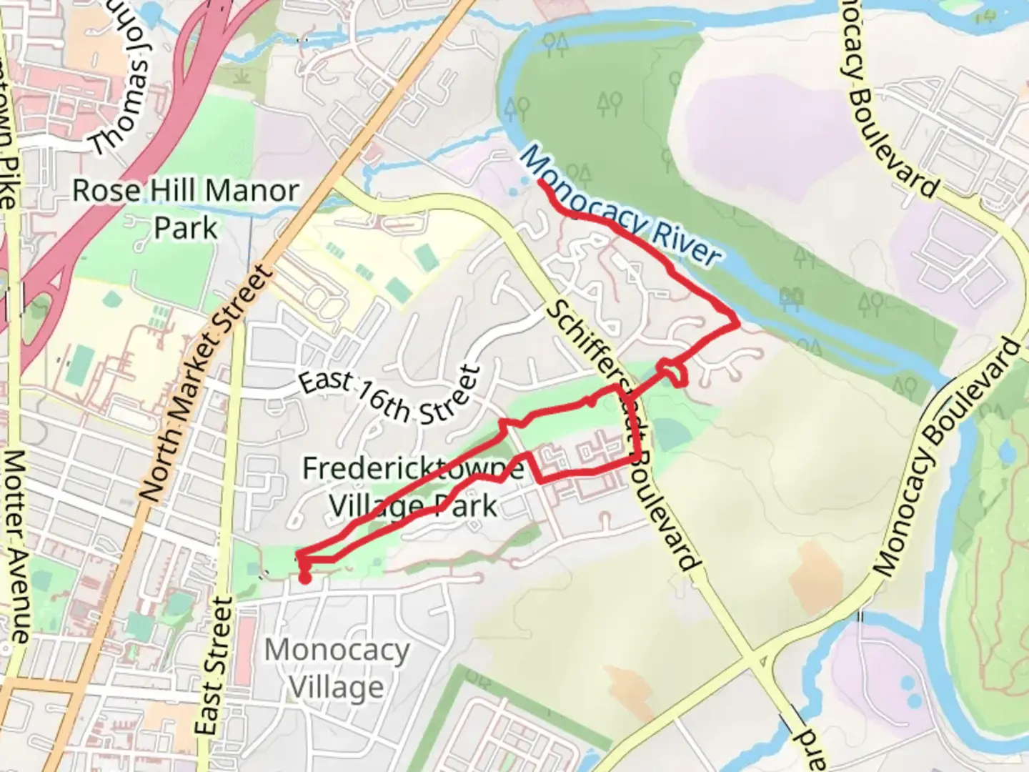 An image depicting the trail Park Branch, Fredericktowne Village Park and Riverwalk Park and its surrounding area.