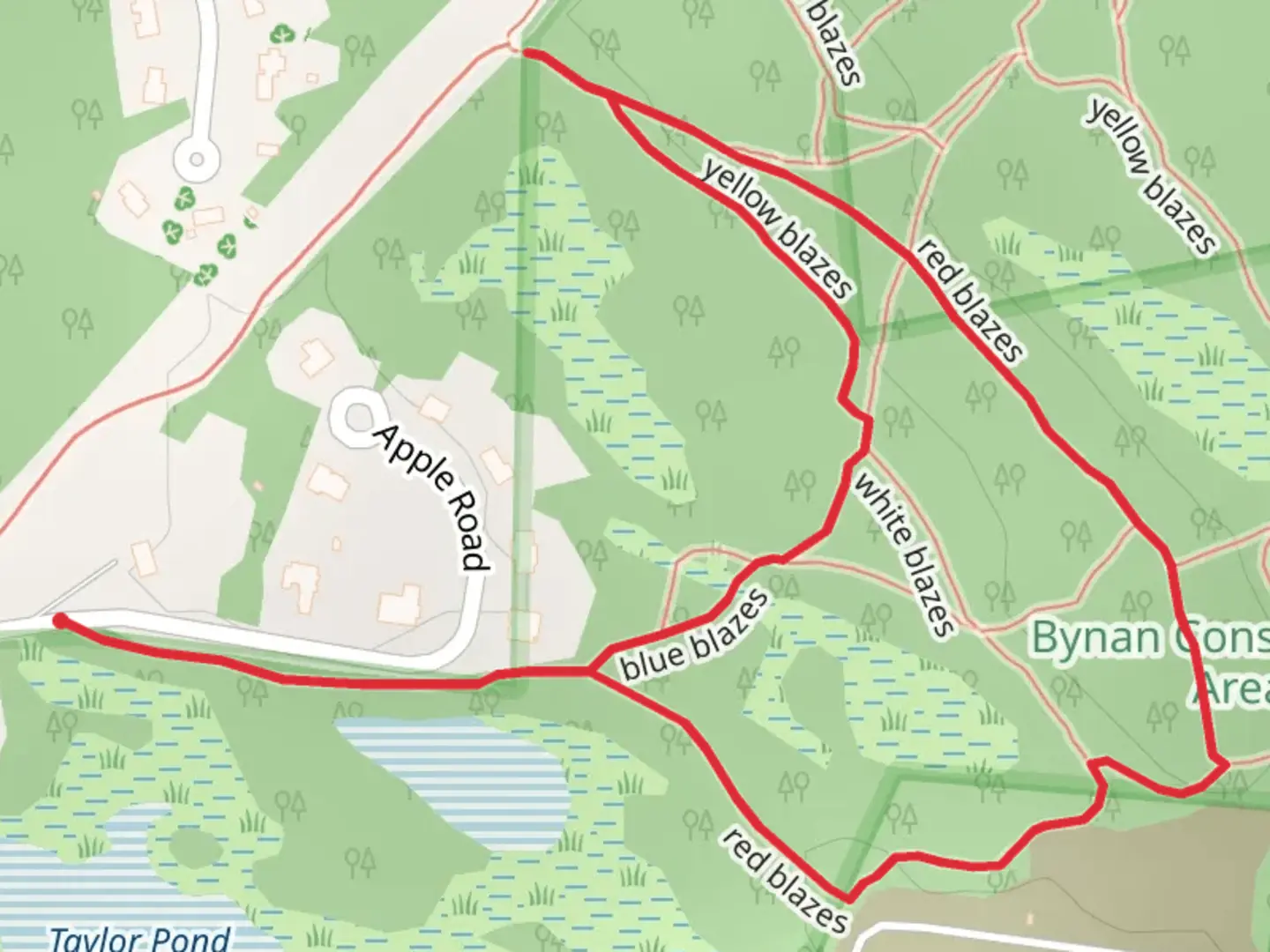 An image depicting the trail Red Blazes Loop and its surrounding area.
