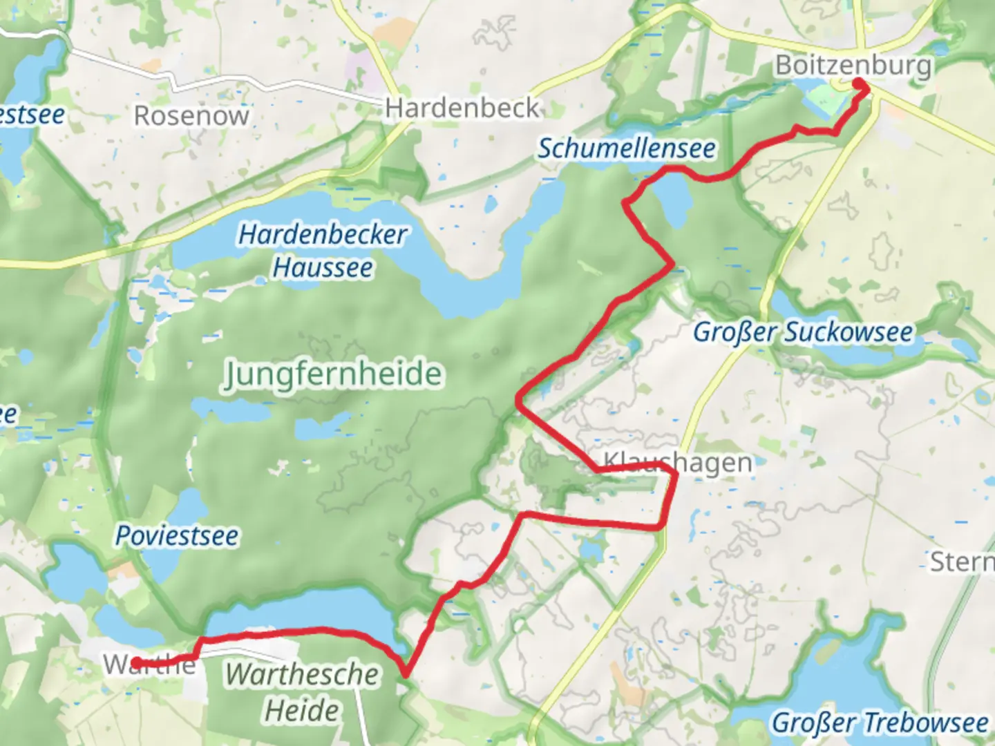 An image depicting the trail Grosser Warthesee, Krienkowsee, Rosenower Damm and Apollotempelfrom Warthe to Boitzenburg and its surrounding area.