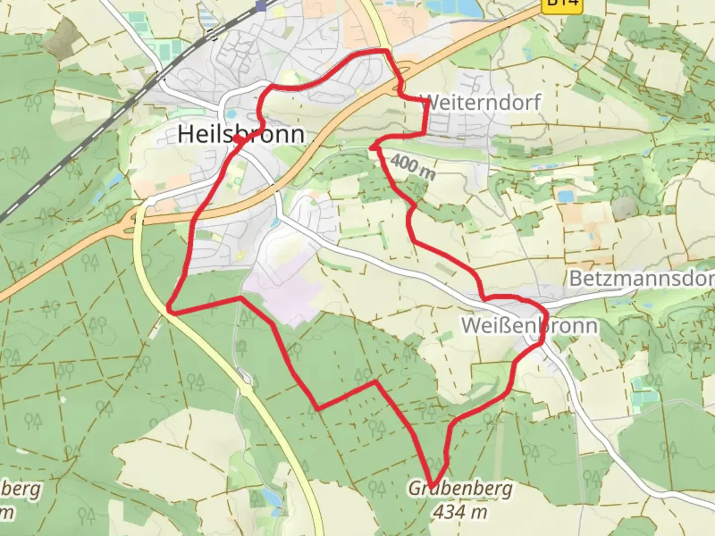 An image depicting the trail Rangau-Pfalz Weg and Heilsbronner Rundweg and its surrounding area.