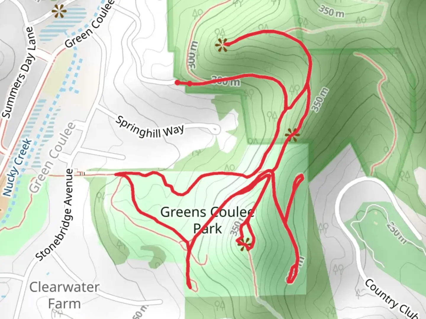 An image depicting the trail Greens Coulee, Humfield Summit and Pierce Path Loop Trail and its surrounding area.