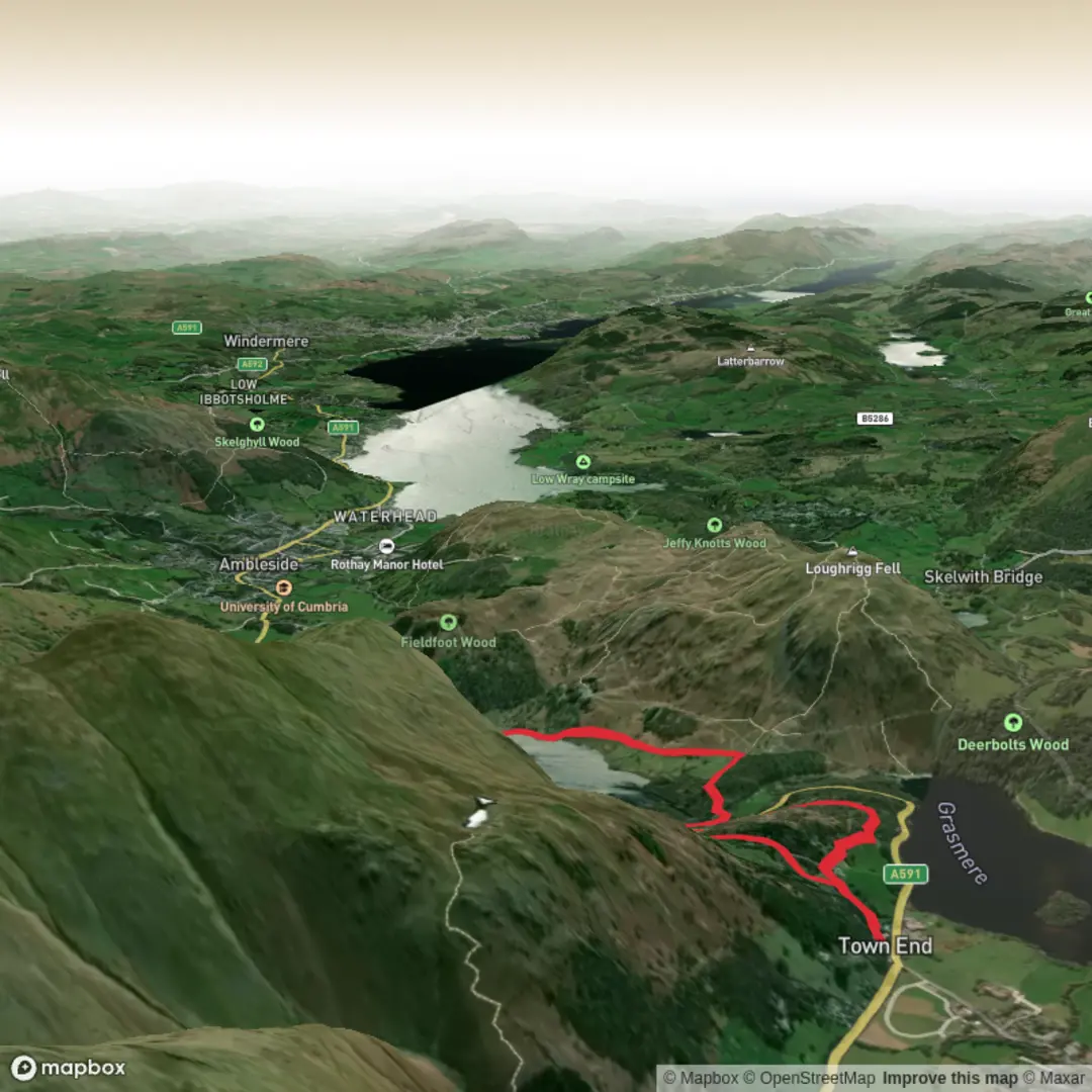An image depicting the trail Wordsworth Way - Rydal Water Loop and its surrounding area.