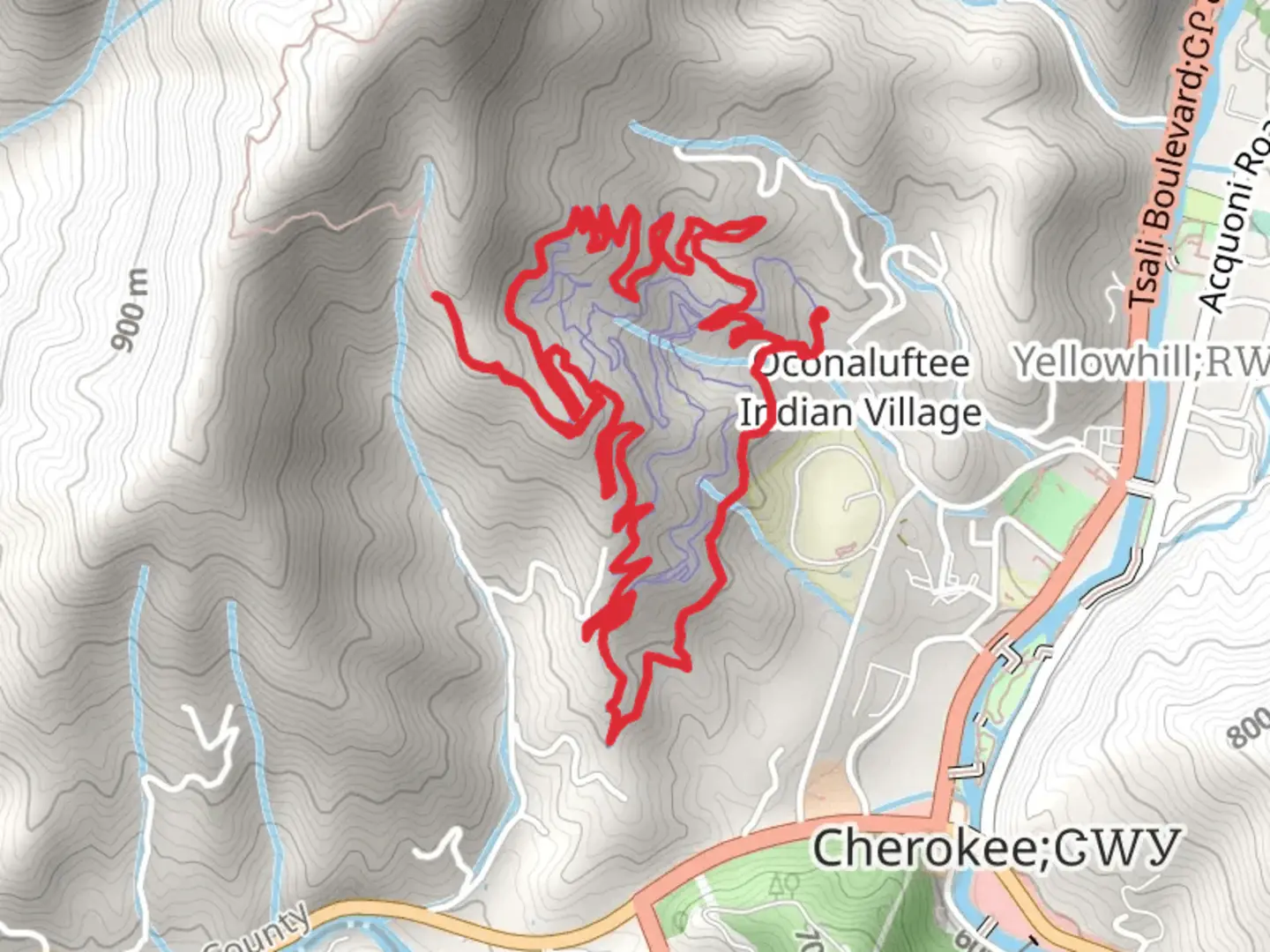 An image depicting the trail Oconaluftee Indian Village Loop and its surrounding area.
