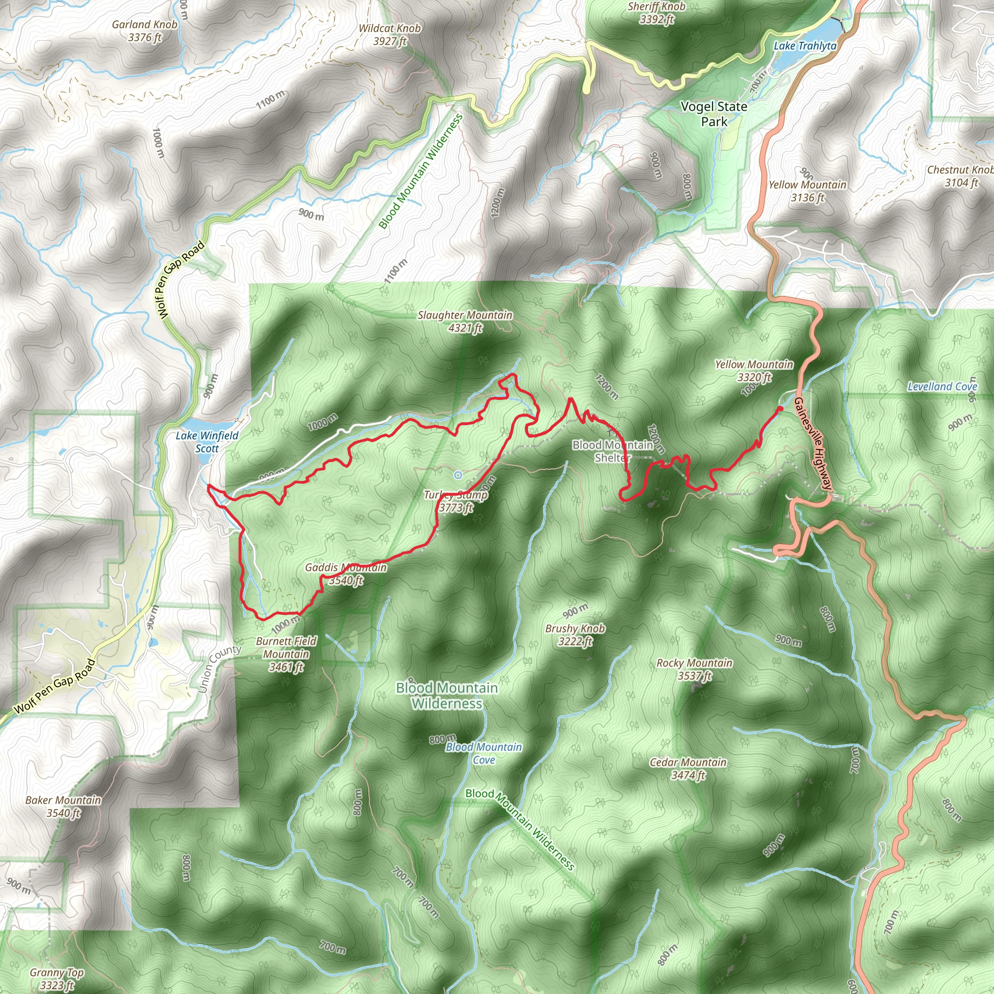 Blood Mountain and Gaddis Mountain via Appalachian Trail and Slaughter Creek Loop Trail mobile static map