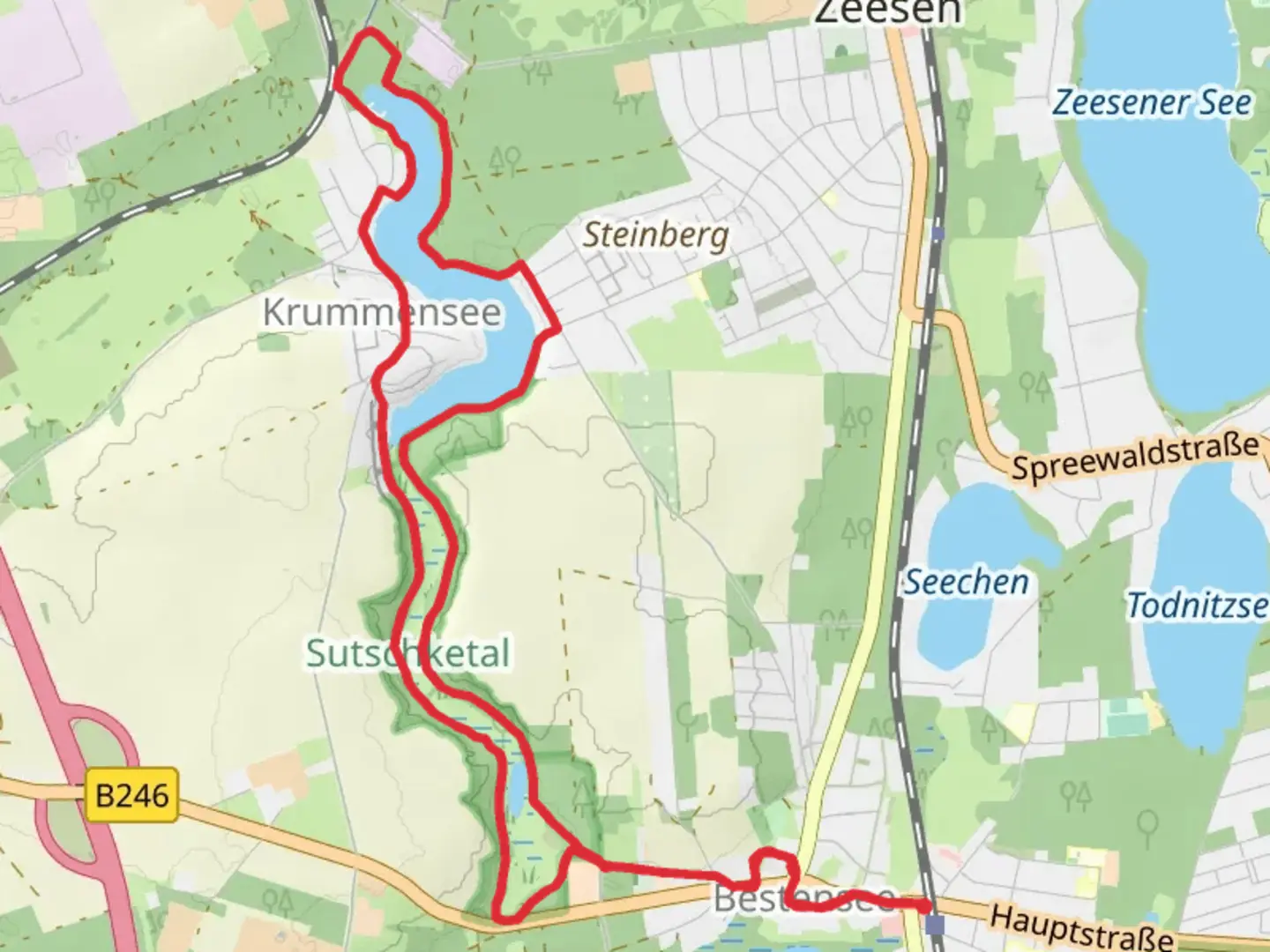 An image depicting the trail Krummensee Loop via Bestensee and its surrounding area.