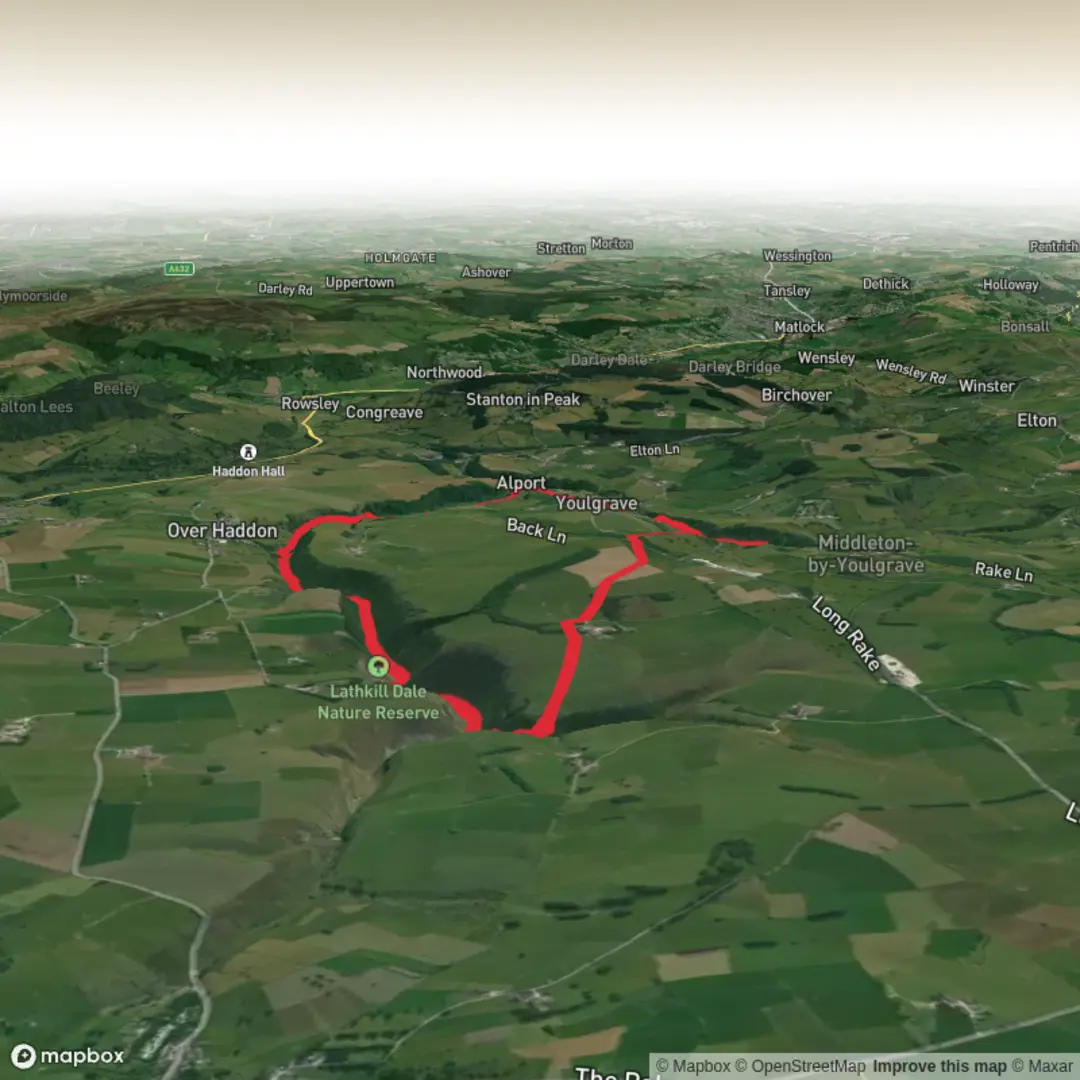 An image depicting the trail Lathkill Dale Loop from Youlgreave and its surrounding area.