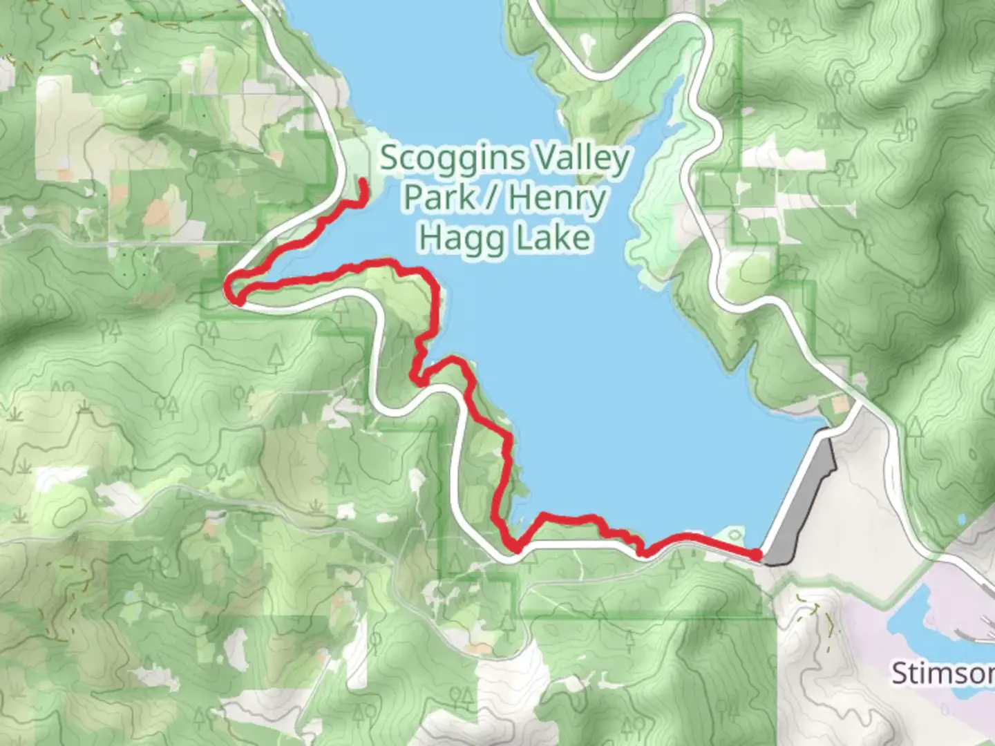 An image depicting the trail Hagg Lake Trail Section H and its surrounding area.
