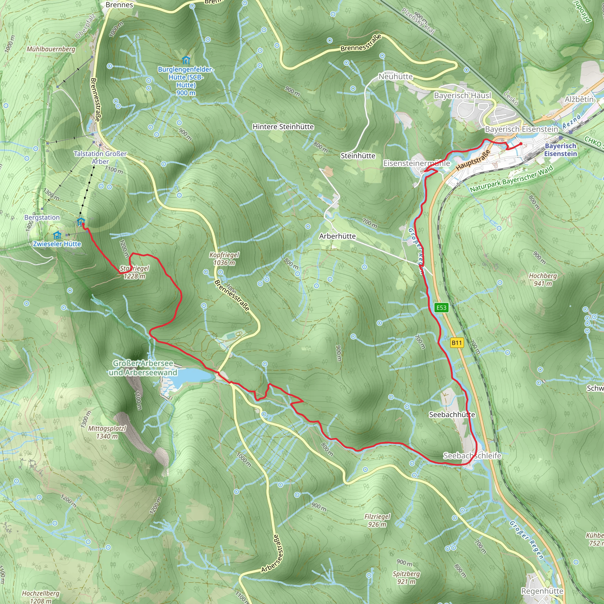 Gipfelstation Großer Arber to Bayerisch Eisenstein Walk via Großer Arbersee mobile static map