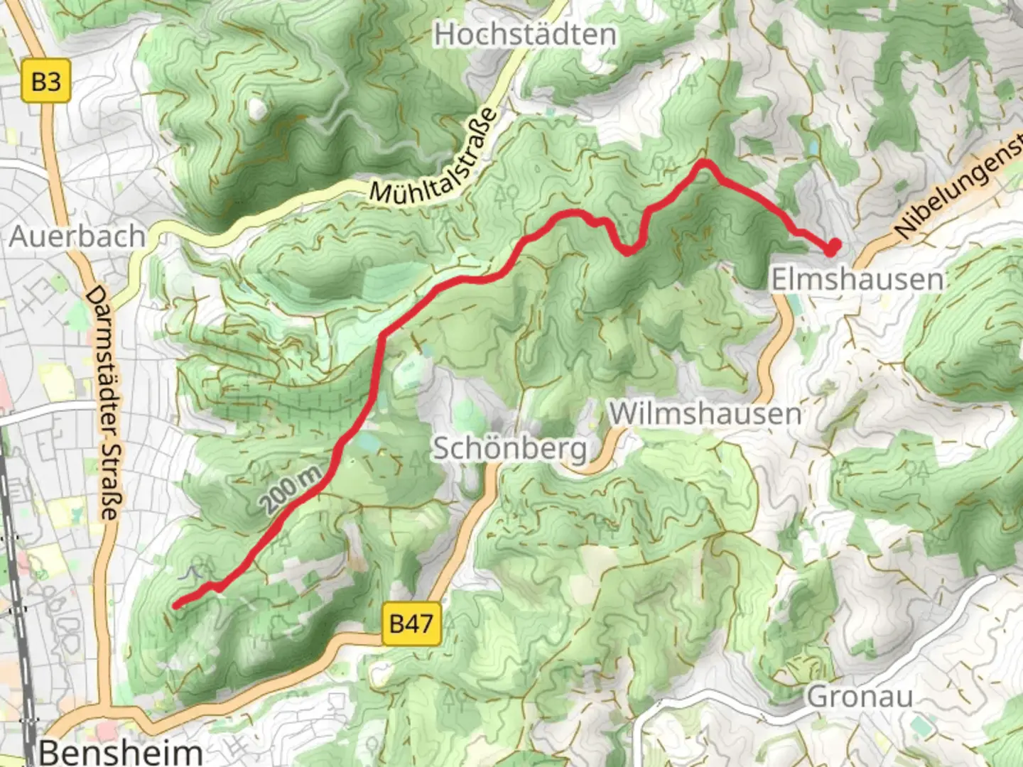 An image depicting the trail Kirchberg Peak Walk via Rundwanderweg Elmshausen 1 Teufelstein Weg and its surrounding area.