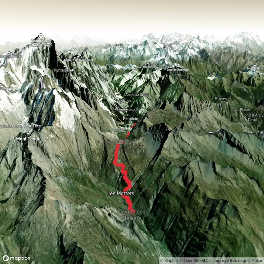 An image depicting the trail Ville des Glaciers to Courmayeur and its surrounding area.