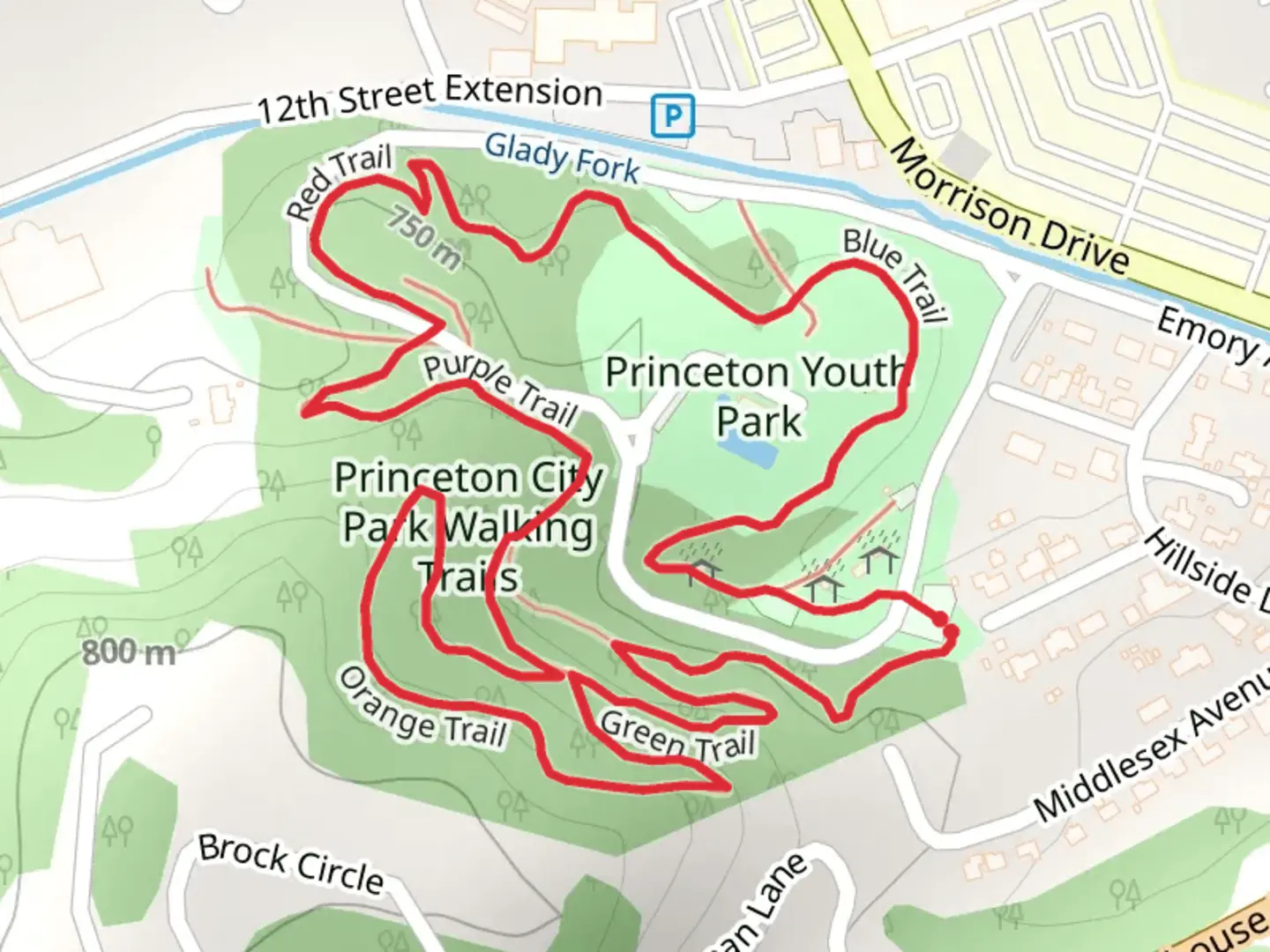 An image depicting the trail Yellow, Green and Purple Trail Loop in Princeton Youth Park Area and its surrounding area.