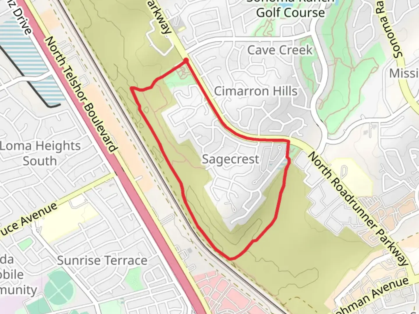 An image depicting the trail Veteran's Park to Sagecrest Park Loop and its surrounding area.