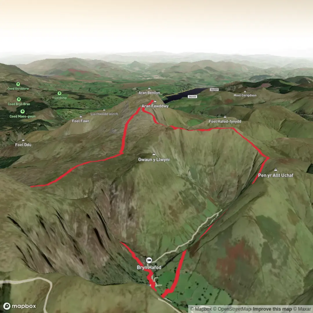 An image depicting the trail Cwm Cywarch Horseshoe and Aran Fawddwy (35) and its surrounding area.
