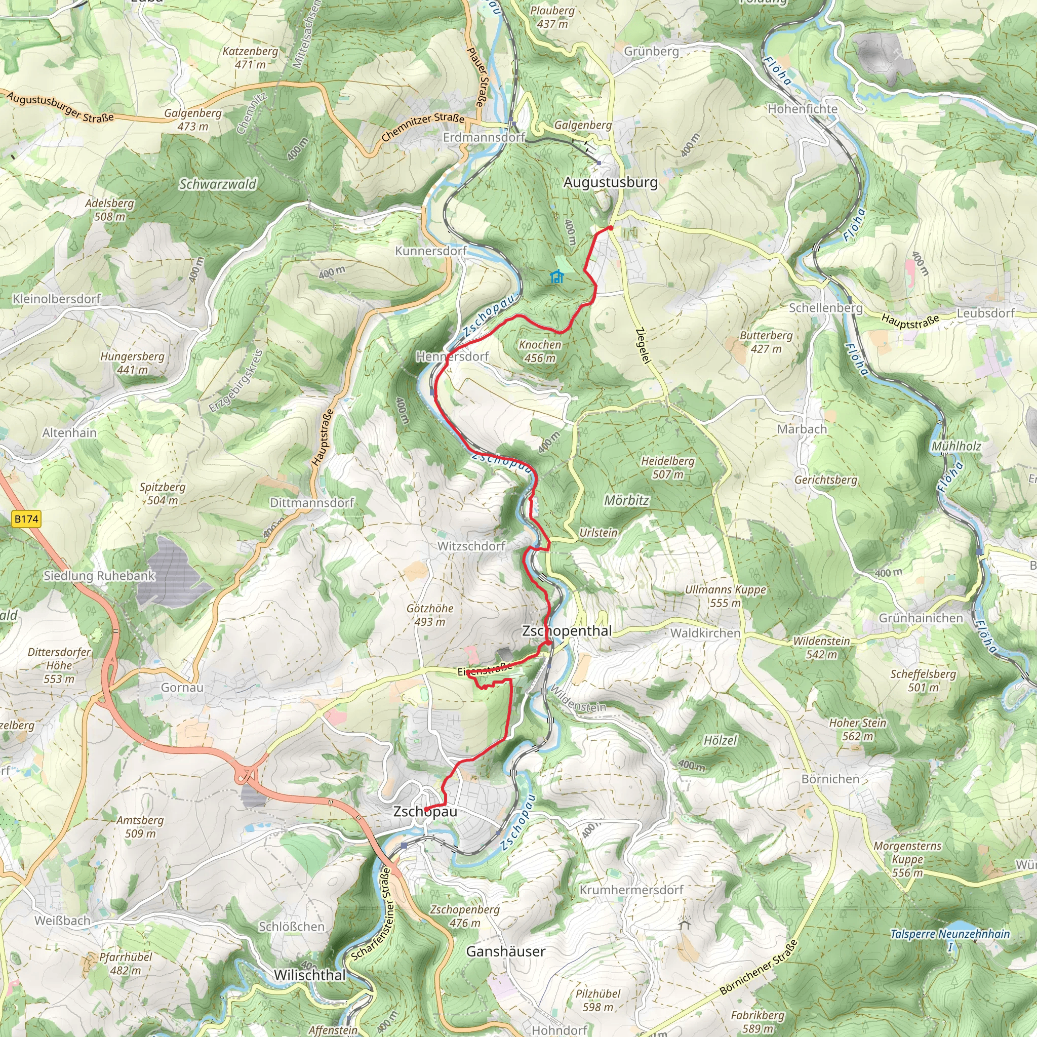 Zschopau to Augustusburg via Schönthalweg mobile static map
