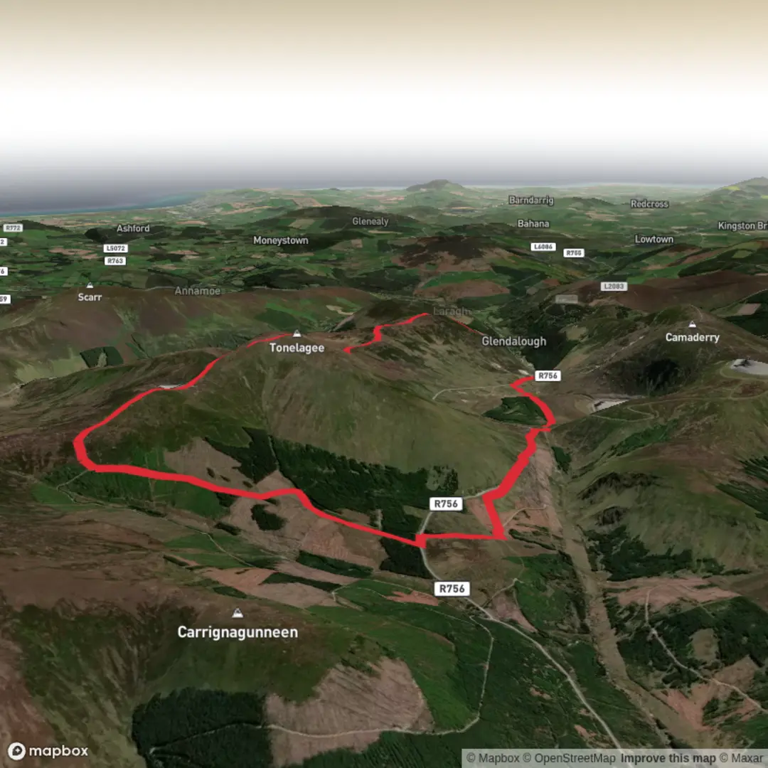 An image depicting the trail Hike from County Wicklow via Tonelagee and Brockagh Mountain and its surrounding area.