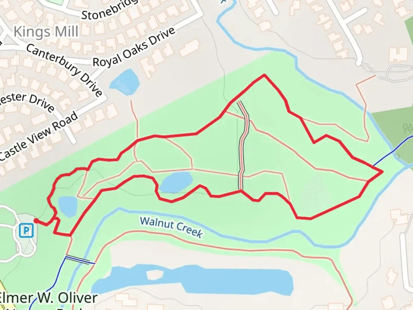 An image depicting the trail Elmer W Oliver Nature Park Loop and its surrounding area.