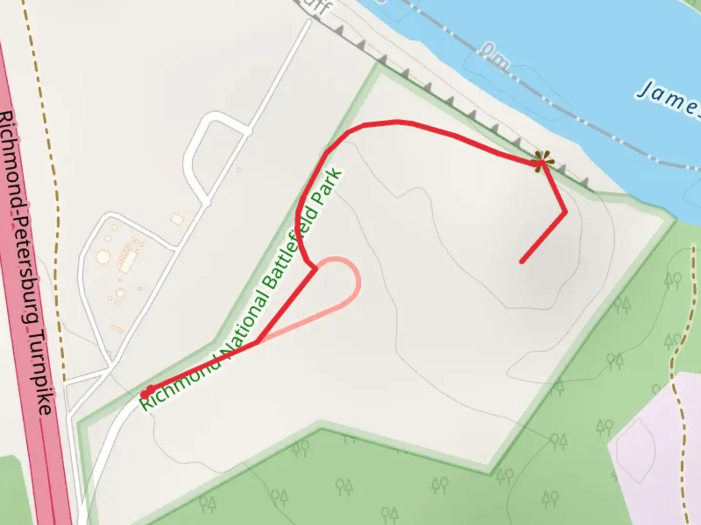 An image depicting the trail Fort Darling Road and its surrounding area.