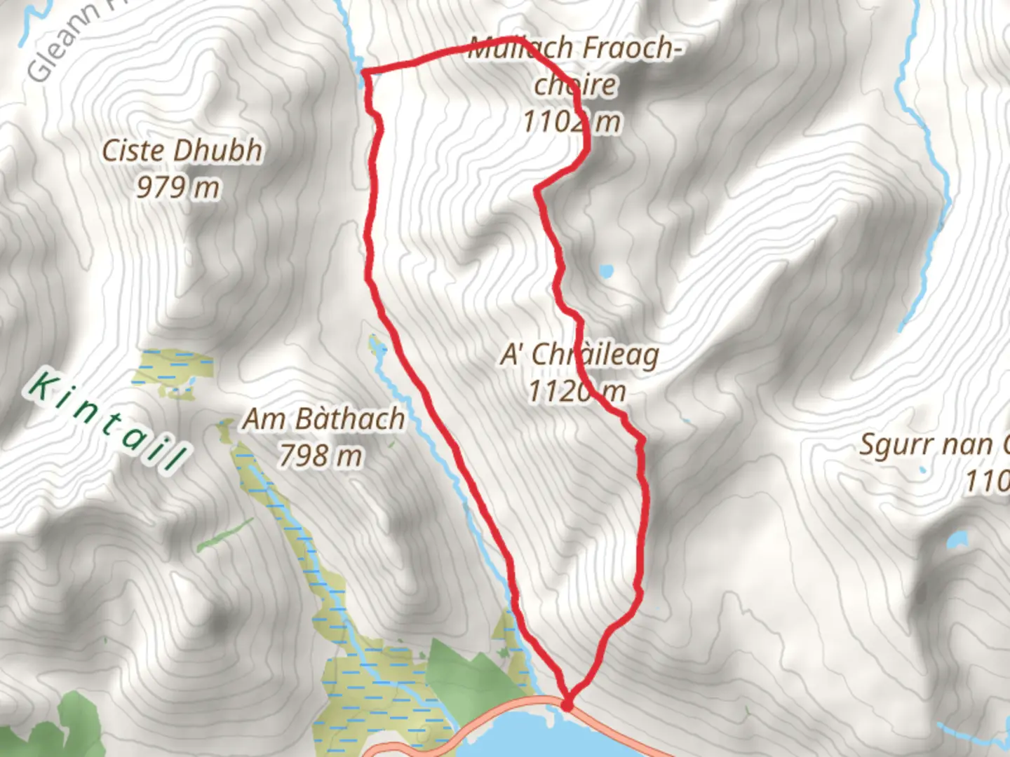 An image depicting the trail Mullach Fraoch - choire via South Ridge and its surrounding area.