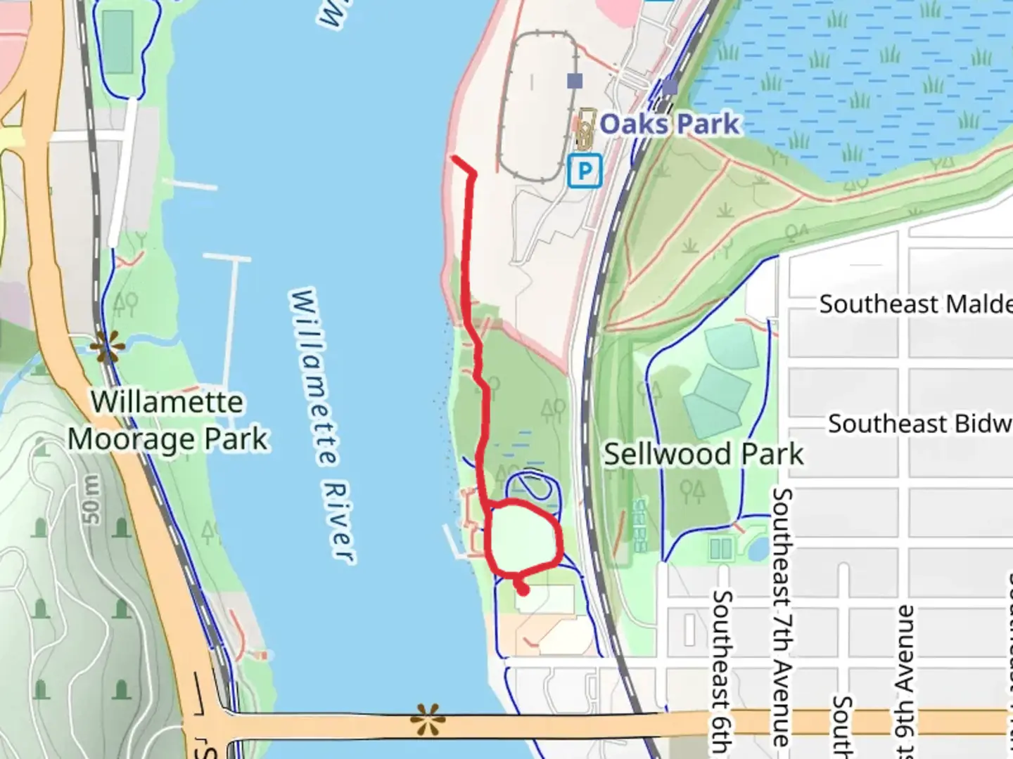 An image depicting the trail Sellwood Riverfront Park Loop and its surrounding area.