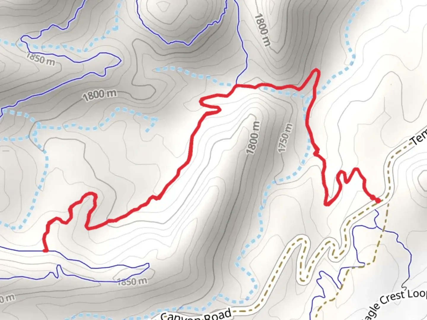 An image depicting the trail Redemption Out and Back and its surrounding area.