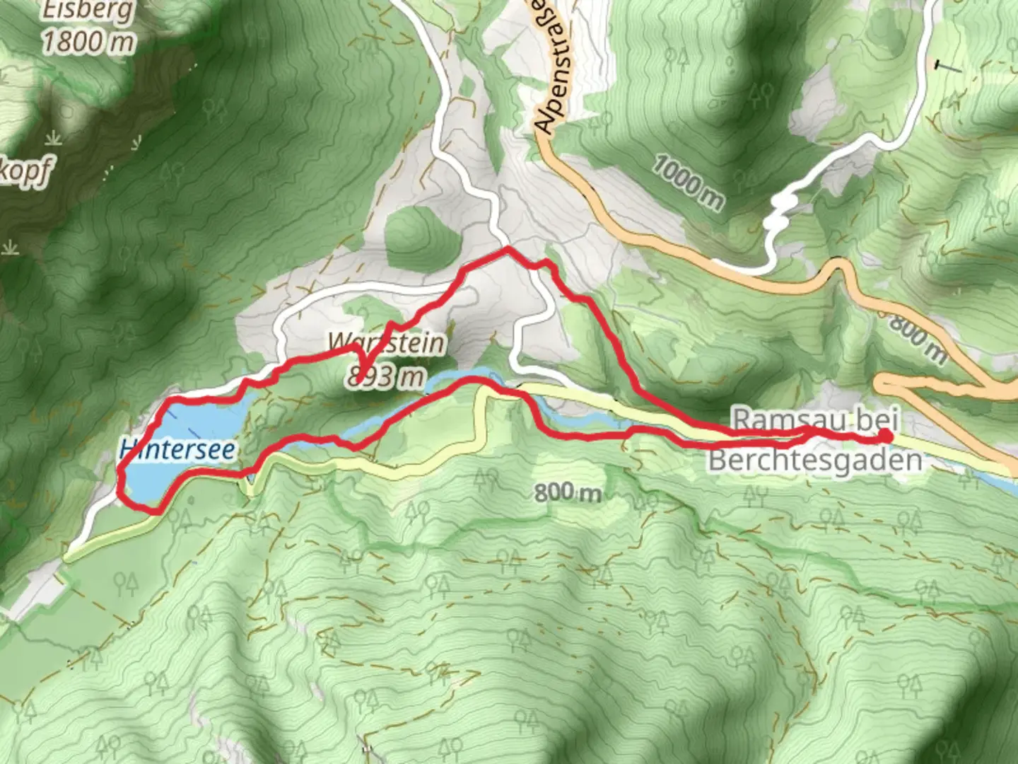 An image depicting the trail Wasserspiele, Hintersee and Magdalenenkapelle via Wanderweg 2 and its surrounding area.