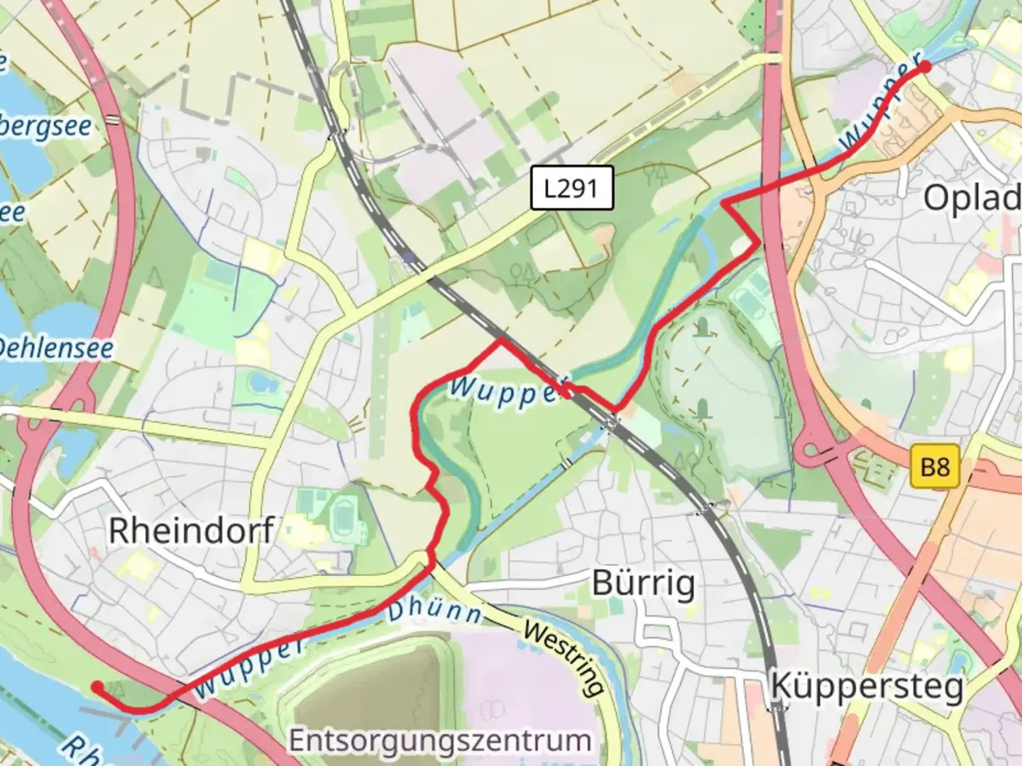 An image depicting the trail Ruhlach to Rheinkassel via Wupperweg and its surrounding area.