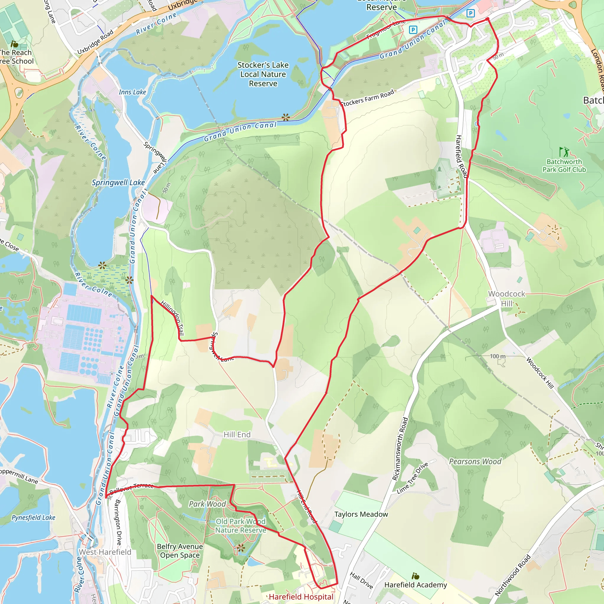 Grand Union Canal and Park Wood via Hillingdon Trail mobile static map